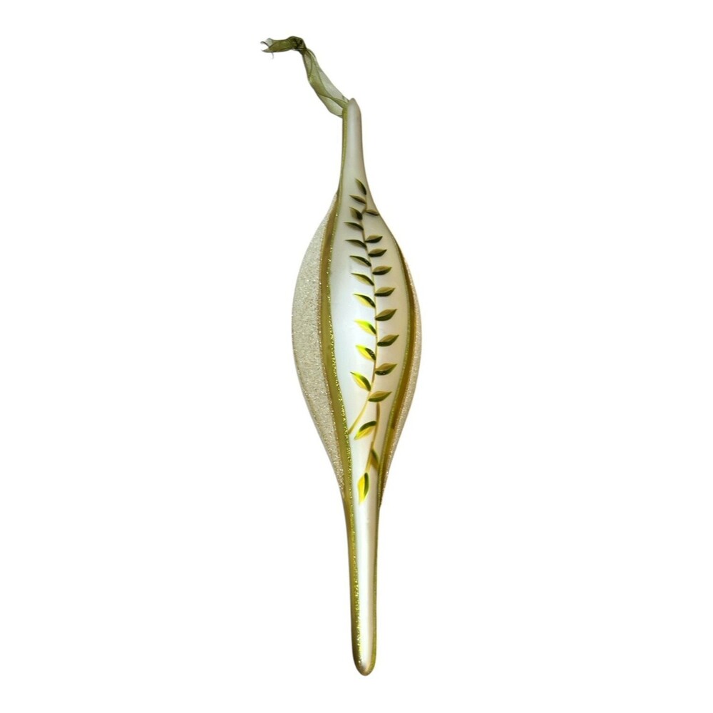 Vintage Blown Glass Teardrop Icicle Christmas Ornament Glitter Leaf Large 16"